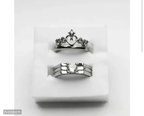 Silver Plated 2 Pcs Shape Matching Crown and Promise Couple Rings for Lovers | Wedding Engagement Band Jewelry for Unisex-thumb3