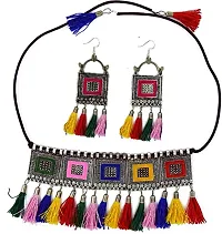 Traditional Afghani Style Black Thread Base Metal Oxidized Multicolor Choker Necklace Set For Women-thumb1