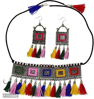 Traditional Afghani Style Black Thread Base Metal Oxidized Multicolor Choker Necklace Set For Women-thumb2
