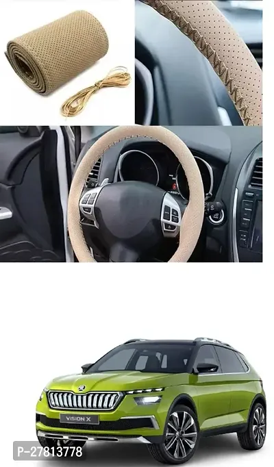 Stylish Car Steering Cover Beige Stiching  For Skoda Vision X SUV Concept-thumb0