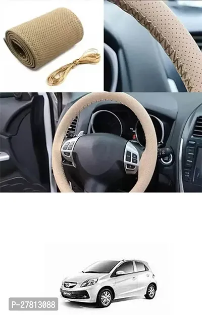 Stylish Car Steering Cover Beige Stiching  For Honda Brio-thumb0