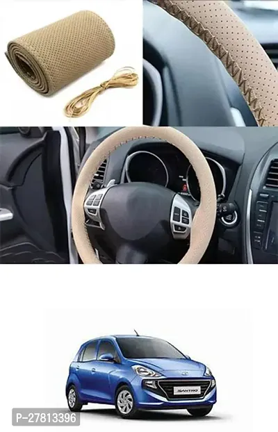 Stylish Car Steering Cover Beige Stiching  For Hyundai Santro-thumb0