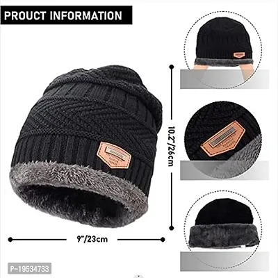 BHAVNISH Woolen Warm Cap with Neck Scarf Set Beanie Cap/Hat/Winter Cap for Men (Black)-thumb2