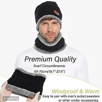 BHAVNISH Woolen Warm Cap with Neck Scarf Set Beanie Cap/Hat/Winter Cap for Men (Black)-thumb3