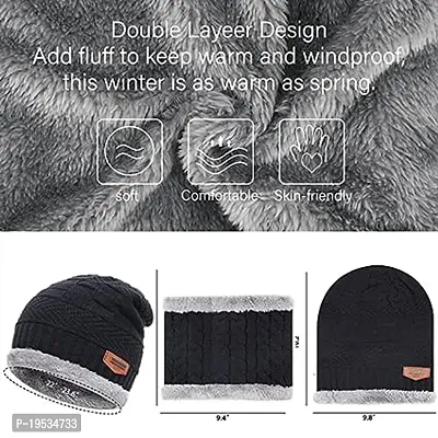 BHAVNISH Woolen Warm Cap with Neck Scarf Set Beanie Cap/Hat/Winter Cap for Men (Black)-thumb4