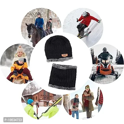 BHAVNISH Woolen Warm Cap with Neck Scarf Set Beanie Cap/Hat/Winter Cap for Men (Black)-thumb5