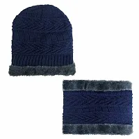 BHAVNISH Woolen Warm Cap with Neck Scarf Set Beanie Cap/Hat/Winter Cap for Men (Blue)-thumb1