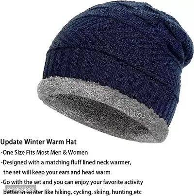 BHAVNISH Woolen Warm Cap with Neck Scarf Set Beanie Cap/Hat/Winter Cap for Men (Blue)-thumb3