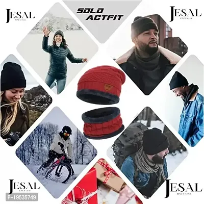 BHAVNISH Woolen Warm Cap with Neck Scarf Set Beanie Cap/Hat/Winter Cap for Men (Red)-thumb4