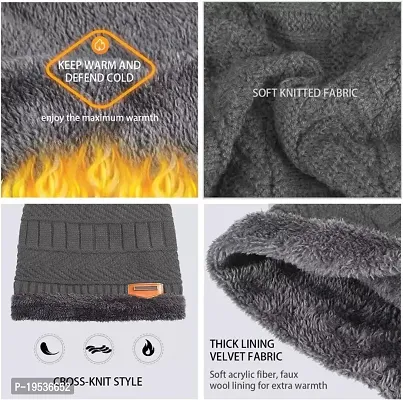BHAVNISH Woolen Warm Cap with Neck Scarf Set Beanie Cap/Hat/Winter Cap for Men (Grey)-thumb2