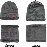 BHAVNISH Woolen Warm Cap with Neck Scarf Set Beanie Cap/Hat/Winter Cap for Men (Grey)-thumb3