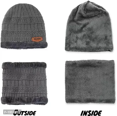 BHAVNISH Woolen Warm Cap with Neck Scarf Set Beanie Cap/Hat/Winter Cap for Men (Grey)-thumb4