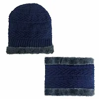 BHAVNISH Woolen Winter Cap (Blue) for Women with Neck Muffler Warn Soft for Snow | Knit Beanie Cap Hat Neck Warmer Scarf Set for Women (2 Piece Set)-thumb1