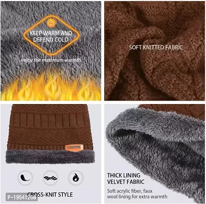 BHAVNISH Woolen Winter Cap (Brown) for Women with Neck Muffler Warn Soft for Snow | Knit Beanie Cap Hat Neck Warmer Scarf Set for Women (2 Piece Set)-thumb2