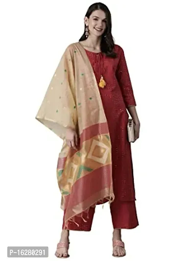 Womens Cotton Blend Embroidered Straight Kurta Trousers with Dupatta-thumb0