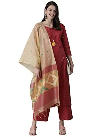 Womens Blend Embroidered Straight Kurta Trousers with Dupatta