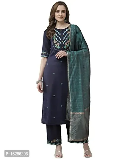 Womens Cotton Blend Embroidered Straight Kurta Trousers with Dupatta-thumb0