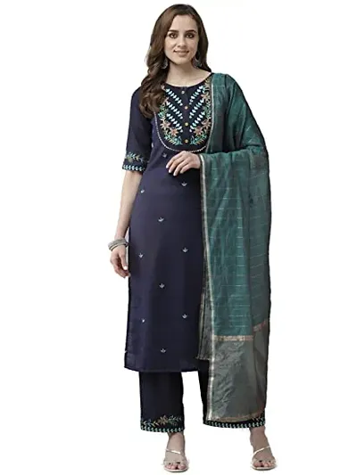 Womens Blend Embroidered Straight Kurta Trousers with Dupatta