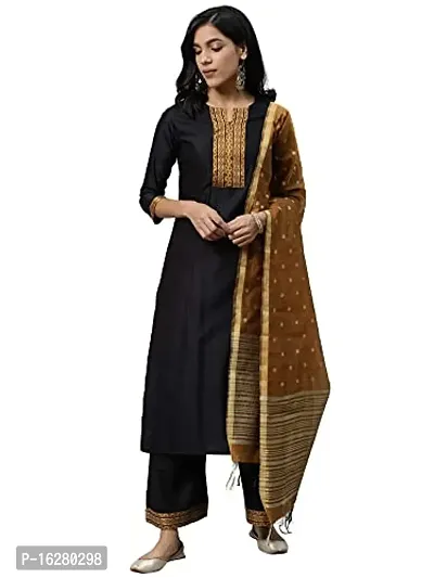 Womens Cotton Blend Embroidered Straight Kurta Trousers with Dupatta