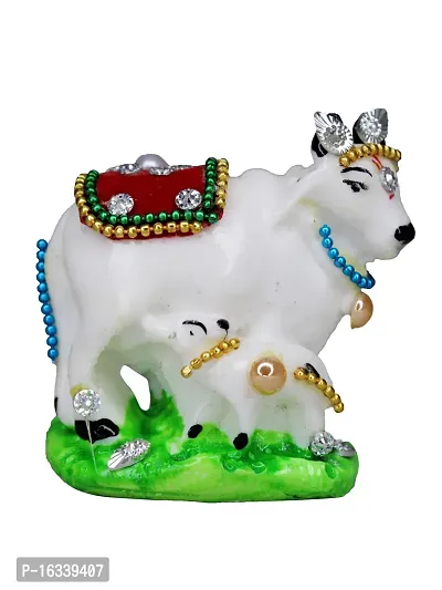 Om ssvmb9 Marble Cow and Calf Showpiece for Home Temple and Home Decor Multicolor Kamdhenu Statue Pack of 1 for Gift 2.5 Inch-thumb0