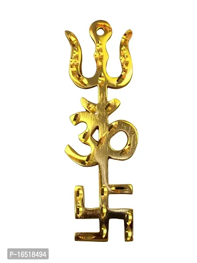 Om ssvmb9 Brass Brass Swastik Om Trishul Wall Hanging Vastu Trishakti Yantra Religious Home Kitchen Office Main Door Entrance Protection Mandir Temple Good Luck (3.5 x 1 x 0.4 Inch, Gold Color)-thumb0