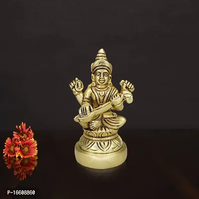 Om ssvmb9 Brass Saraswati Maa Idol Ashtadhatu Made Murti Sarda Devi Statue for Home Office Temple Pooja, Study Room (H x L x W :-9 x 5 x 5 cm, Weight:- 0.304 kg, Gold Color)-thumb5