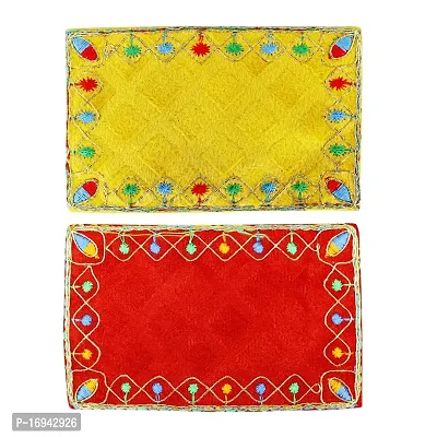 Om ssvmb9 Red and Yellow Color Velvet Cloth for Pooja and God Idol/Puja Aasan Kapda/Chawki Altar Red Puja Cloth for Mandir, Temple and Other Puja Rituals (Pack of 4, Size 4 x 4 Inch)-thumb0