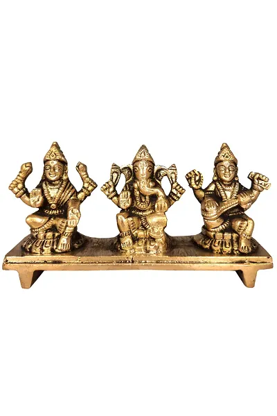 Brass Laxmi Ganesh Saraswati Bhagwan Idol on Platform Ganpati Murti Metal Statue for Home Office Success Entrance Decor Pooja Good Luck Gift Gold Color