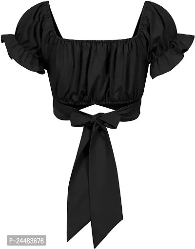 A.S Enterprises Womens Cotton Blend Summer Off Shoulder Crop Tops Ruffles Lantern Sleeve Tie Back Blouse Shirt Fancy Smooth Fabric Western Top-thumb4