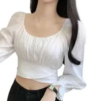 Women's Casual Slim Fit Crop Tops Tunic Tops Puff Sleeve Blouses Summer/Spring Rib Pleated Cotton Blend Crop Top-thumb3