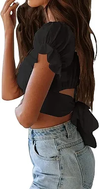 A.S Enterprises Womens Cotton Blend Summer Off Shoulder Crop Tops Ruffles Lantern Sleeve Tie Back Blouse Shirt Fancy Smooth Fabric Western Top-thumb2