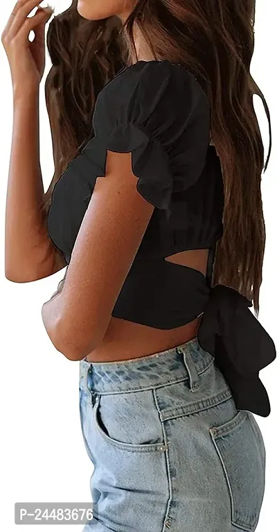 A.S Enterprises Womens Cotton Blend Summer Off Shoulder Crop Tops Ruffles Lantern Sleeve Tie Back Blouse Shirt Fancy Smooth Fabric Western Top-thumb3