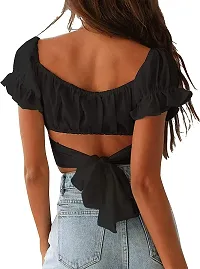 A.S Enterprises Womens Cotton Blend Summer Off Shoulder Crop Tops Ruffles Lantern Sleeve Tie Back Blouse Shirt Fancy Smooth Fabric Western Top-thumb1