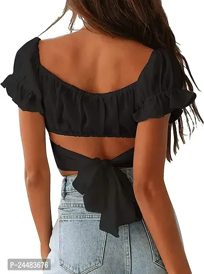 A.S Enterprises Womens Cotton Blend Summer Off Shoulder Crop Tops Ruffles Lantern Sleeve Tie Back Blouse Shirt Fancy Smooth Fabric Western Top-thumb2