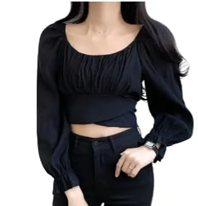 Women's Casual Regular Fit Crop Tops Tunic Tops Long Sleeve Blouses  Summer/Spring Rib Pleated Cotton Blend Crop Top