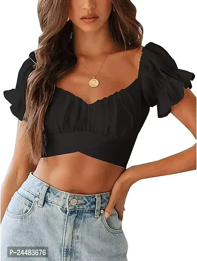 A.S Enterprises Womens Cotton Blend Summer Off Shoulder Crop Tops Ruffles Lantern Sleeve Tie Back Blouse Shirt Fancy Smooth Fabric Western Top