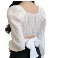 Women's Casual Slim Fit Crop Tops Tunic Tops Puff Sleeve Blouses Summer/Spring Rib Pleated Cotton Blend Crop Top-thumb4