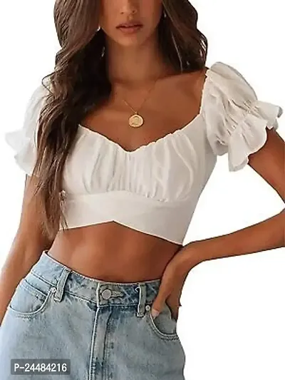 A.S Enterprises Womens Cotton Blend Summer Off Shoulder Crop Tops Ruffles Lantern Sleeve Tie Back Blouse Shirt Fancy Smooth Fabric Western Top