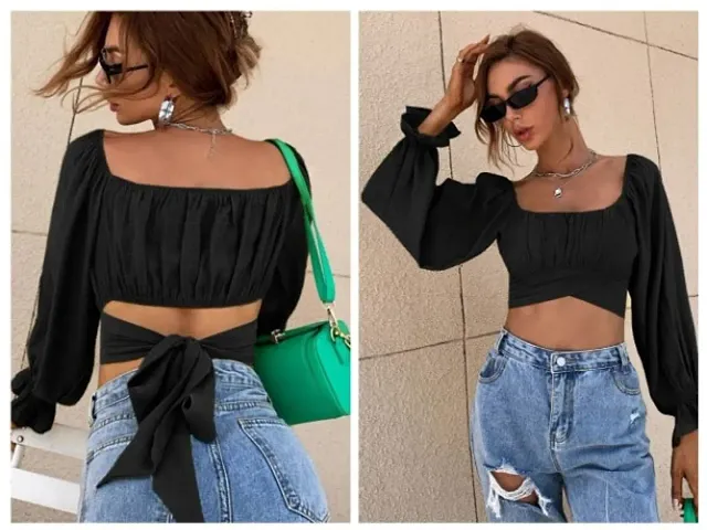 Womens Summer Off Shoulder Low Cut Tie Back Strapless Crop Tops