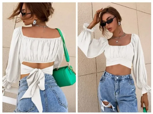 Womens Summer Off Shoulder Low Cut Tie Back Strapless Crop Tops