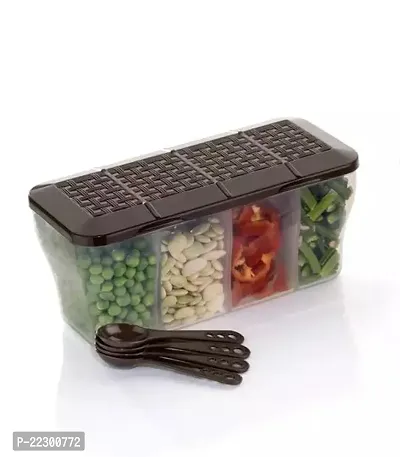 4 Section Container For Vegetable, Spices, Pickle, Tea, Sugar, Grocery, Dry Fruits Storage With Spoon And Attached Lid.