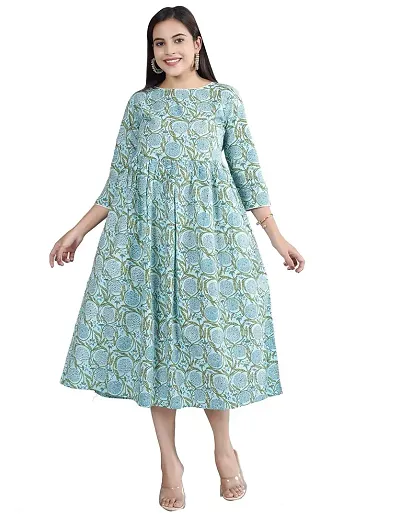 Gaonwali Clothings Women's 3/4 Sleevs Daisy Flower Print Round Neck Flared Kurta Calf Length | FK-GC-219