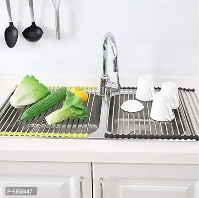 Drain Rack |Stainless Steel Foldable Roll-Up Over Sink Fruit Vegetable Utensils Drying Rack Dish Drainer Mat for Kitchen