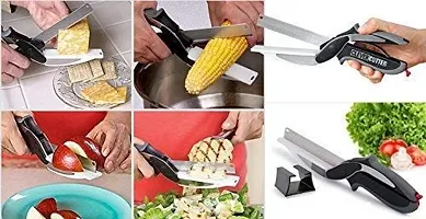 Stainless Steel Clever 2 in 1 Food Chopper/Tool Slicer Dicer/Vegetable and Fruit Cutter/Kitchen Scissors/Knife (Silver)-thumb1