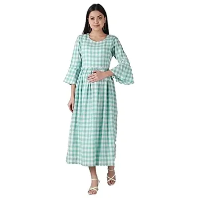 Kidaroo Cotton Checks and Strips Printed Maternity Gown (Dress)
