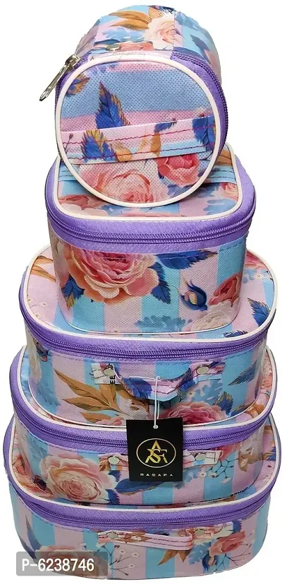 Classic Pack of 5 Blue Flower Glamorous Cosmetic Box, Makeup Kit, Makeup Organizer, Bridal Organizer