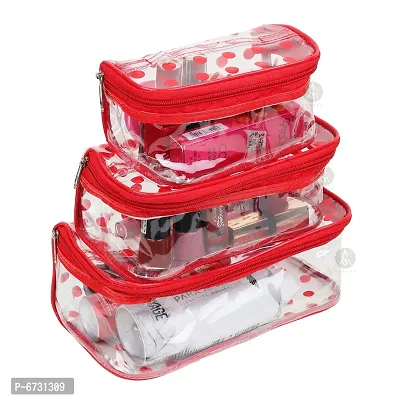 Pack of 3 Red Dot  Printed Bridal Organizer, Makeup Kit, Storage Case, Transparent Vanity Box
