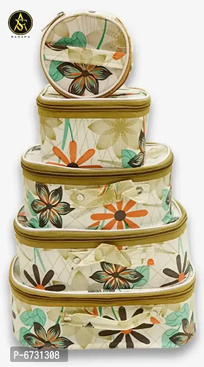 Pack of 5 Cream Flower Fashionable High quality Makeup Kit box, Storage Case, Spacious interior Vanity Box-thumb0