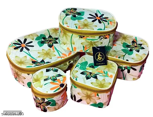 Pack of 5 Cream Flower Fashionable High quality Makeup Kit box, Storage Case, Spacious interior Vanity Box-thumb2
