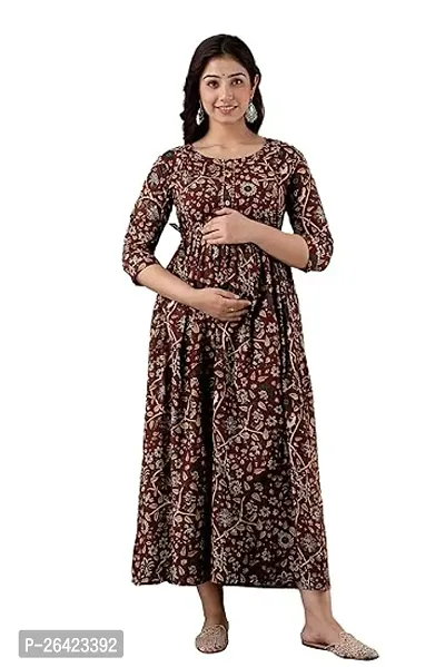 Stylish Maroon Cotton Printed Anarkali Maternity Kurti For Women-thumb0